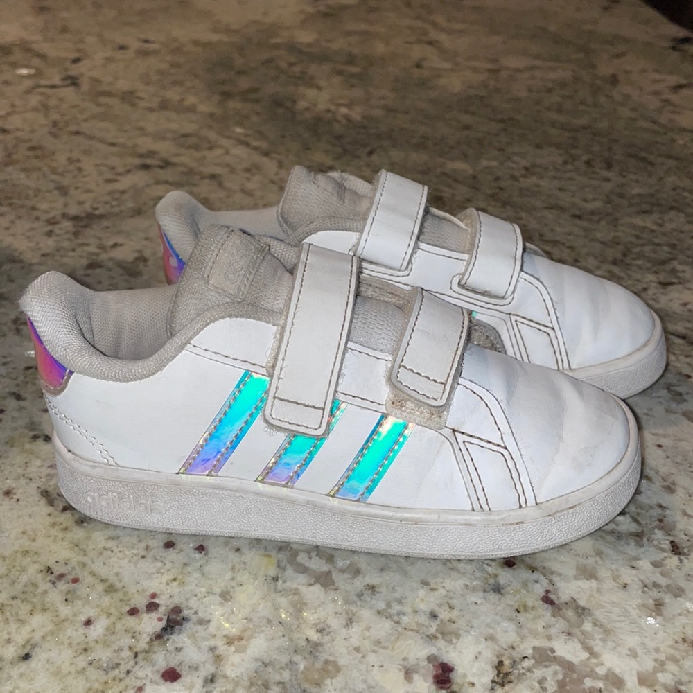 Girls Adidas iridescent court sneakers